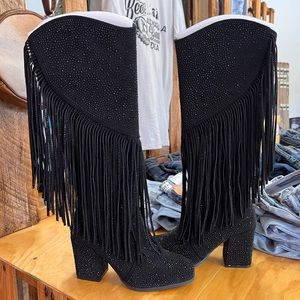 Pierre Dumas Black Fringe Studded Knee-High Booties